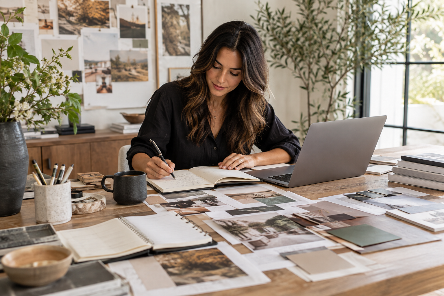 Profissional planejando conteúdos e materiais estratégicos para marketing.