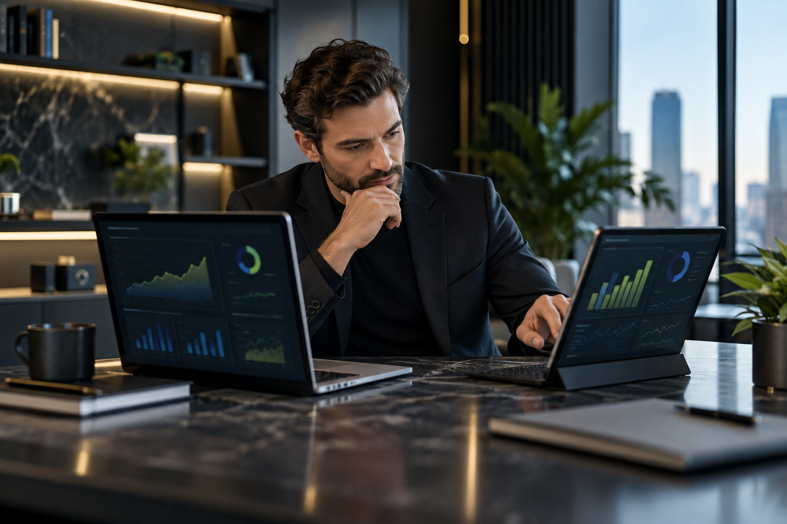 Profissional comparando notebook e tablet ou duas telas.