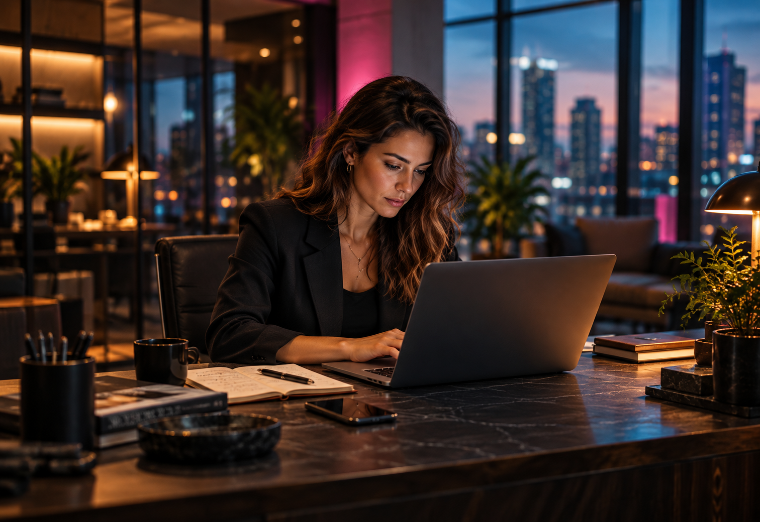 Um profissional trabalhando sozinho em notebook em ambiente corporativo premium.